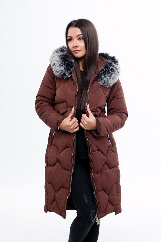 Дълго дамско яке за зимата с пух и цип на качулката в зелен, кафяв и черен цвят