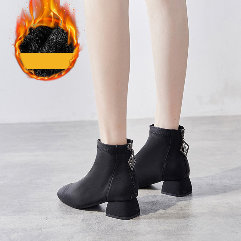 Sieviešu zābaki no eko ādas ar 4 cm biezu papēdi un rāvējslēdzēju - vairāki modeļi