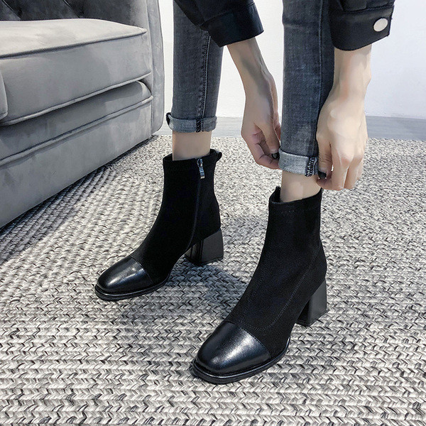 Modern csizma eco velúrból és bőrből, alacsony, vastag sarokkal