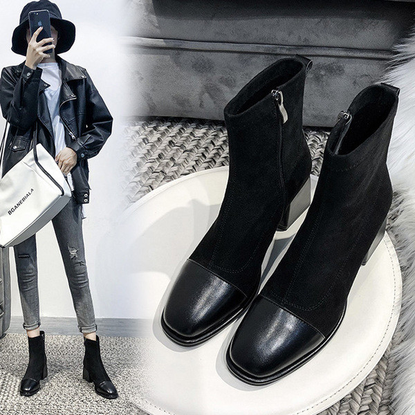 Modern csizma eco velúrból és bőrből, alacsony, vastag sarokkal