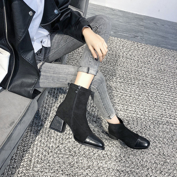 Modern csizma eco velúrból és bőrből, alacsony, vastag sarokkal