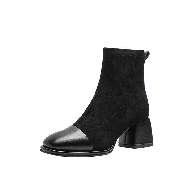 Modern csizma eco velúrból és bőrből, alacsony, vastag sarokkal