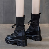 Ikdienas sieviešu melni zābaki ar šņorēm un augstu zoli