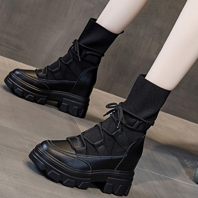 Ikdienas sieviešu melni zābaki ar šņorēm un augstu zoli