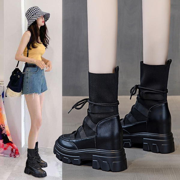 Ikdienas sieviešu melni zābaki ar šņorēm un augstu zoli