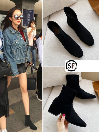 Mūsdienīgi sieviešu zābaki no eko zamšādas ar bieziem papēžiem