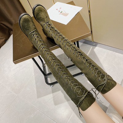 Öko velúrból készült női magas csizma fűzővel és cipzárral