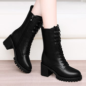 Öko bőrből készült fekete női csizma vastag sarokkal - két modell