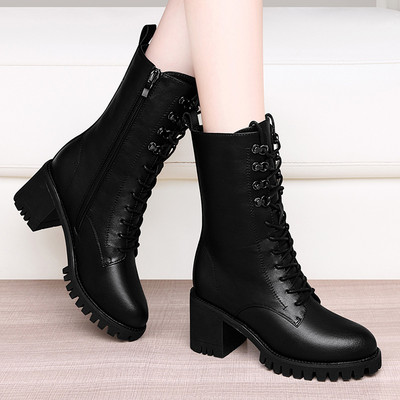 Öko bőrből készült fekete női csizma vastag sarokkal - két modell