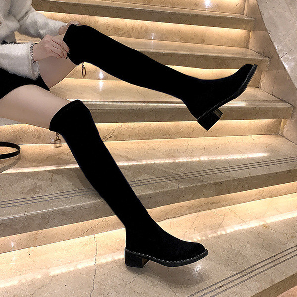 Öko velúrból készült őszi magas csizma alacsony, vastag sarokkal