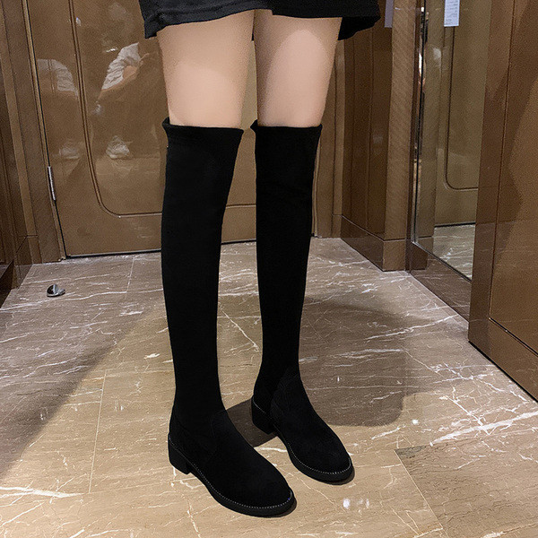 Öko velúrból készült őszi magas csizma alacsony, vastag sarokkal