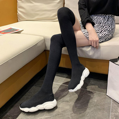 Γυναικείες μακριές υφαντικές μπότες με τραχιά σόλα