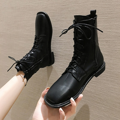 Casual ženske čizme od eko kože sa ravnim đonom, vezicama i patentnim zatvaračem