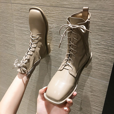 Casual ženske čizme od eko kože sa ravnim đonom, vezicama i patentnim zatvaračem