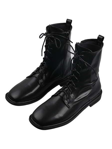 Casual ženske čizme od eko kože sa ravnim đonom, vezicama i patentnim zatvaračem