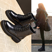 Γυναικείες μπότες casual από οικολογικό δέρμα με κορδόνια σε μαύρο χρώμα