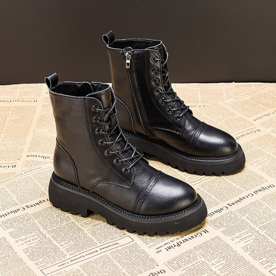 Γυναικείες μπότες casual από οικολογικό δέρμα με κορδόνια σε μαύρο χρώμα