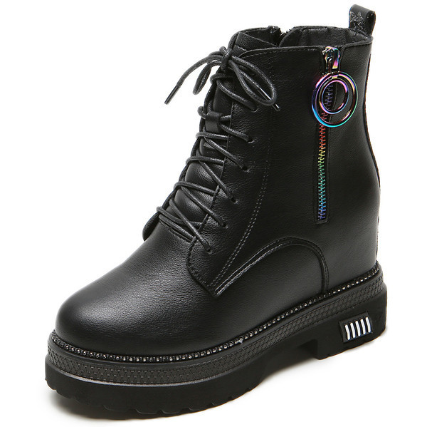 Öko bőrből készült női alkalmi csizma fűzővel és cipzárral fekete színben