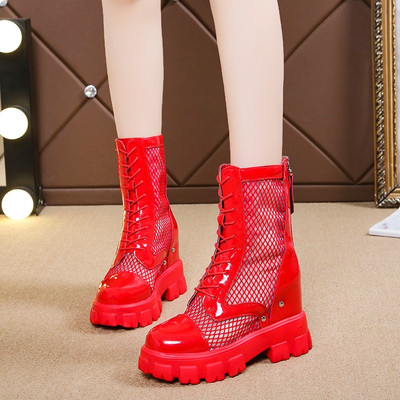 Γυναικείες έκο δερμάτινες μπότες με φερμουάρ και κορδόνια