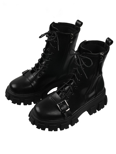 Öko bőrből készült modern női csizma durva talppal, fém csattal