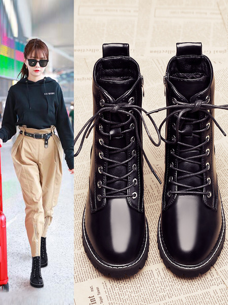 Ādas sieviešu ziemas melni zābaki ar šņorēm