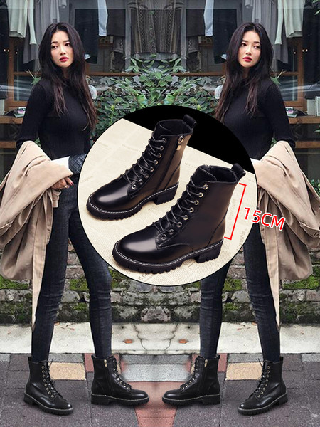 Ādas sieviešu ziemas melni zābaki ar šņorēm