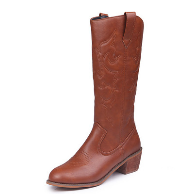 Naiste vabaaja paksude kontsadega nahast saapad