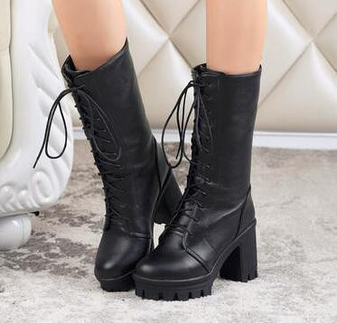 Ikdienas sieviešu zābaki ar mežģīnēm un biezu papēdi