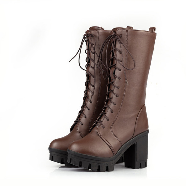 Ikdienas sieviešu zābaki ar mežģīnēm un biezu papēdi