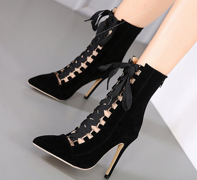 Μοντέρνα γυναικεία ψηλοτάκουνα παπούτσια με κορδόνια και φερμουάρ από οικολογικό σουέτ