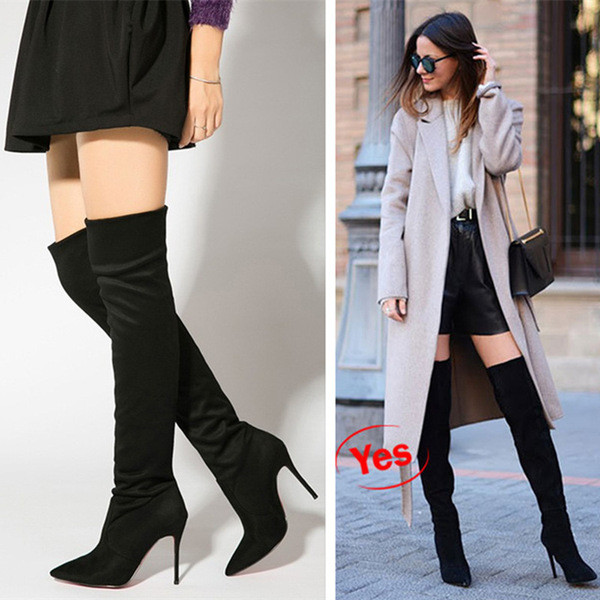 Дамски дълги ботуши заострен модел с висок ток