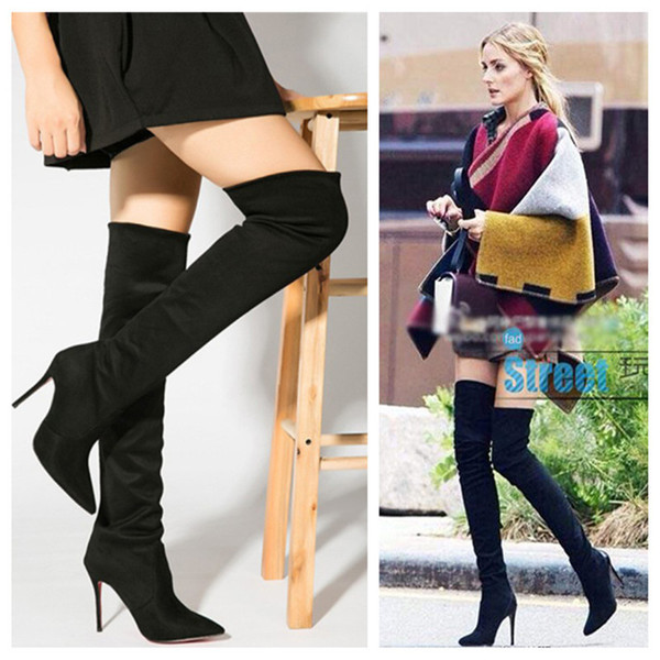 Дамски дълги ботуши заострен модел с висок ток