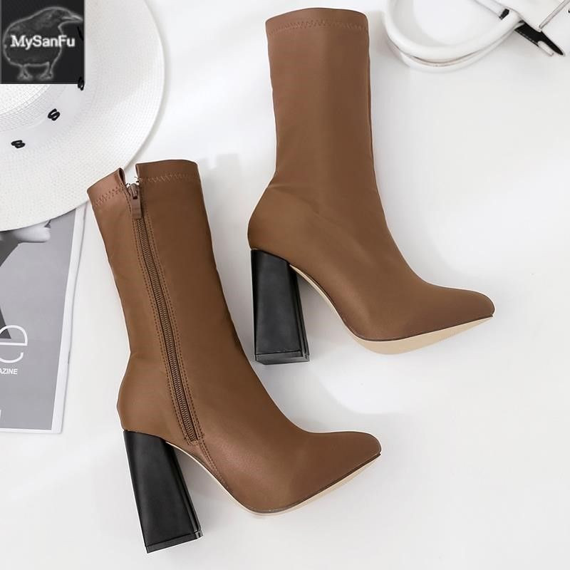 Дамски ботуши заострен модел с дебел ток и цип