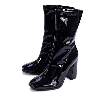 Стилни дамски ботуши от еко велур или еко кожа с дебел ток