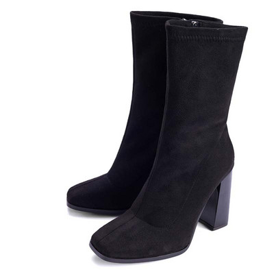 Стилни дамски ботуши от еко велур или еко кожа с дебел ток