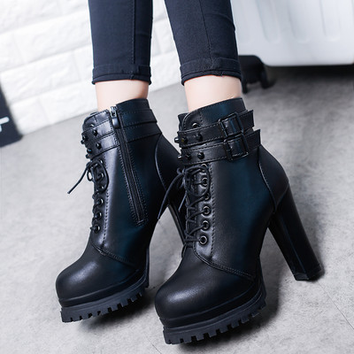 Кожени дамски боти с висок ток и катарами