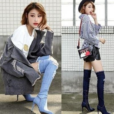 Дамски дънкови ботуши с висок ток и цип