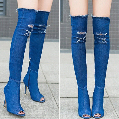 Дамски дънкови ботуши с висок ток и цип