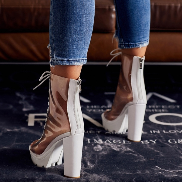 Дамски прозрачни боти с връзки и дебел ток