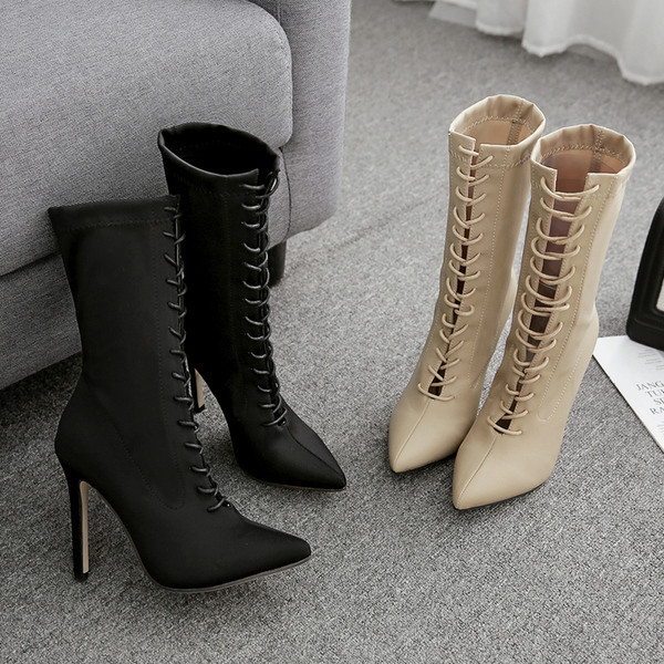 Модерни дамски боти заострен модел с връзки и  11 см ток 