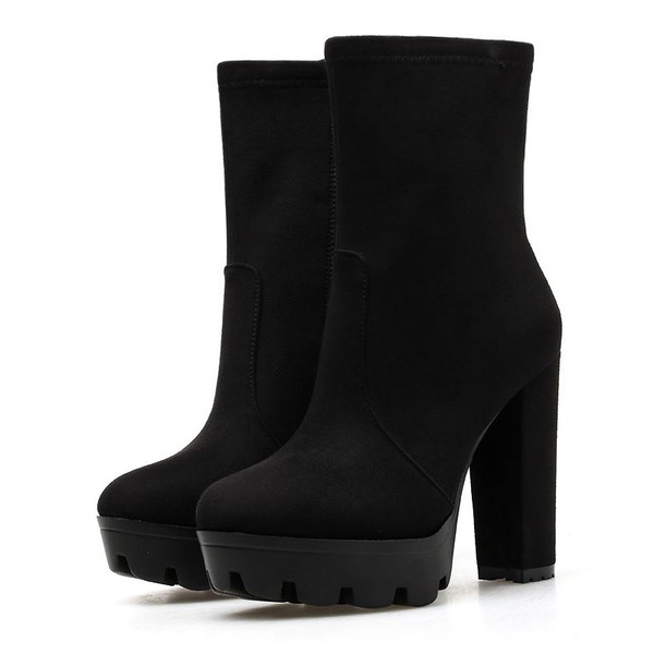 Модерни дамски велурени боти с цип и дебел ток