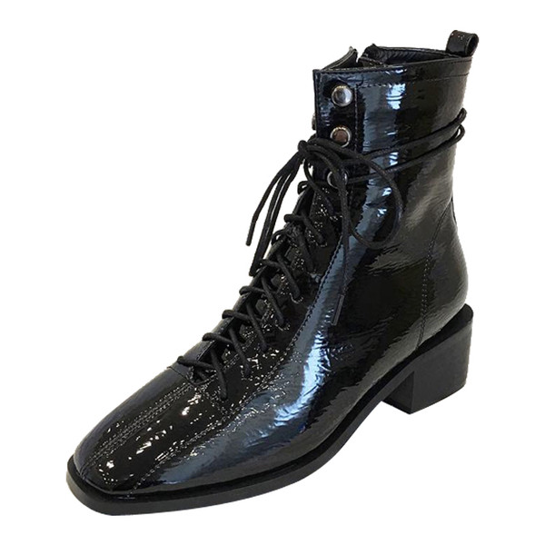 Дамски модерни боти от еко кожа с равна подметка и връзки 