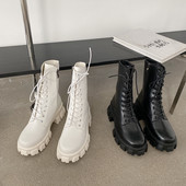 Ежедневни кожени дамски боти с груба подметка и връзки