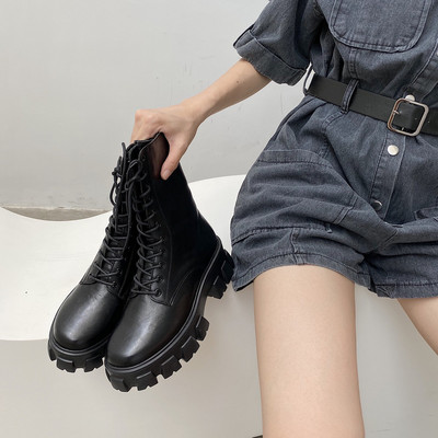 Ежедневни кожени дамски боти с груба подметка и връзки