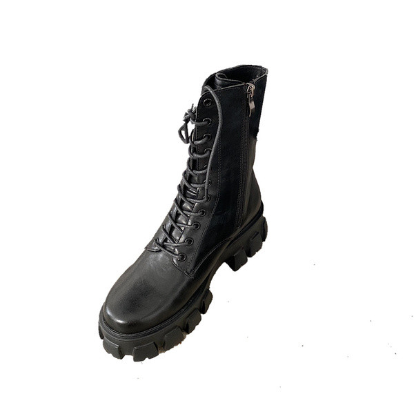 Ежедневни кожени дамски боти с груба подметка и връзки