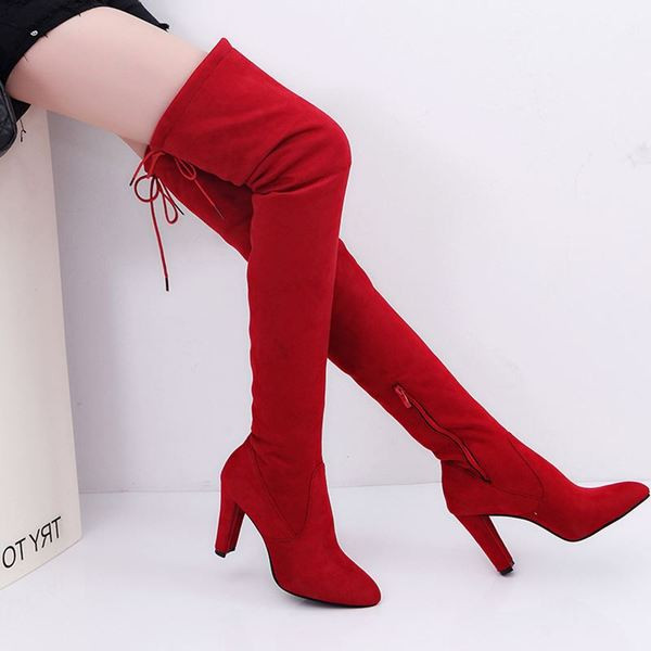 Дамски велурени ботуши с висок ток и връзки