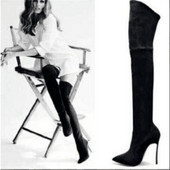 Велурени дамски ботуши над коляното с тънък ток