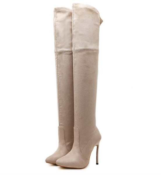 Велурени дамски ботуши над коляното с тънък ток