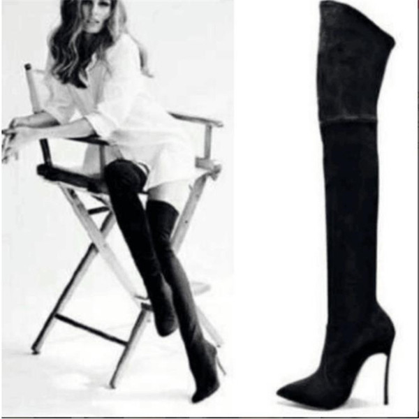 Велурени дамски ботуши над коляното с тънък ток