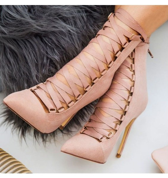 Стилни дамски велурени боти с връзки и тънък ток